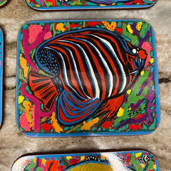 Rare VTG Jenny Kee Set Of 6 Coasters Cork Back Barrier Reef Tropical Fish - Picture 5 of 13